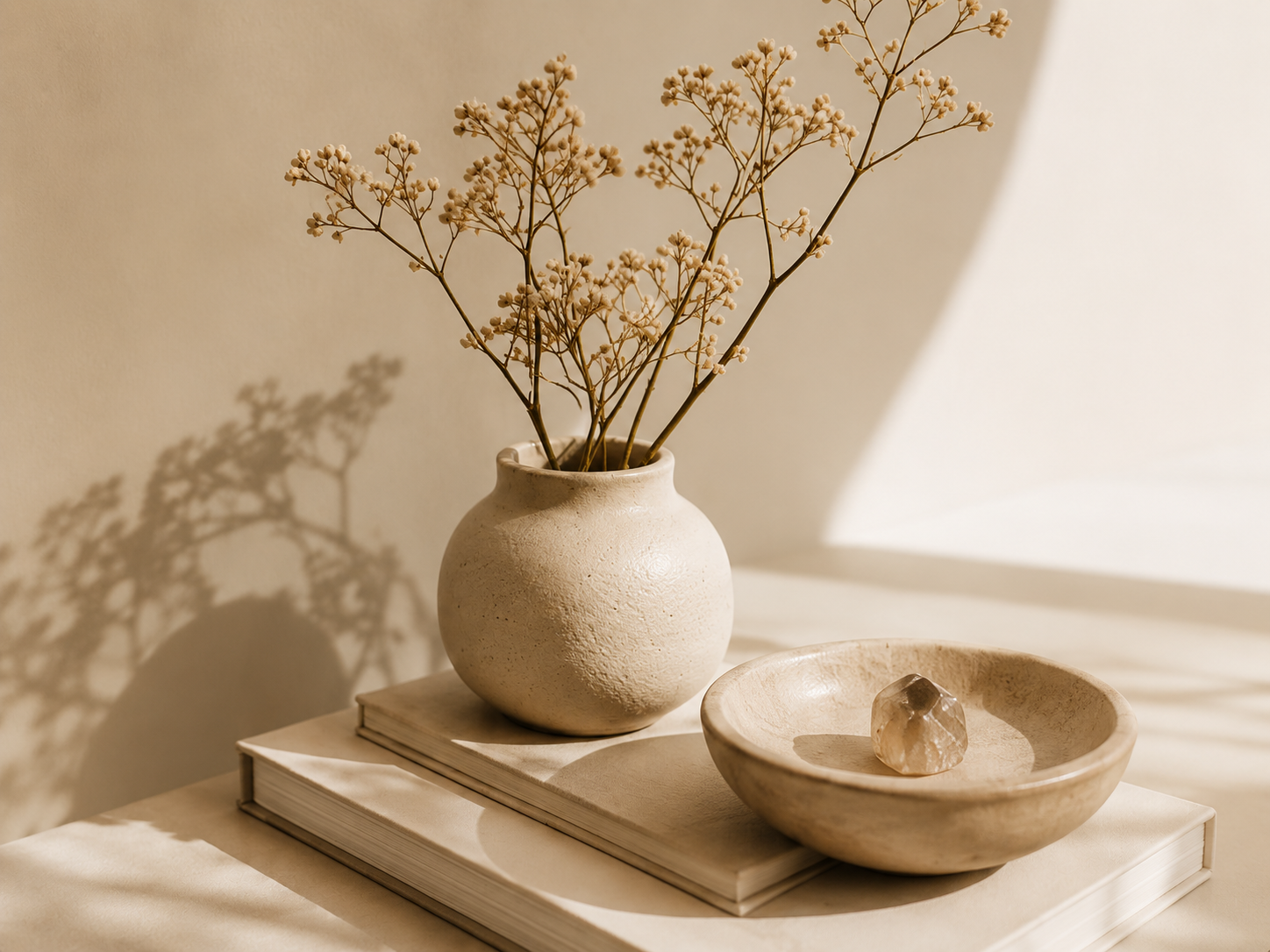 Dried flowers in a ceramic vase resting on books in soft, warm light